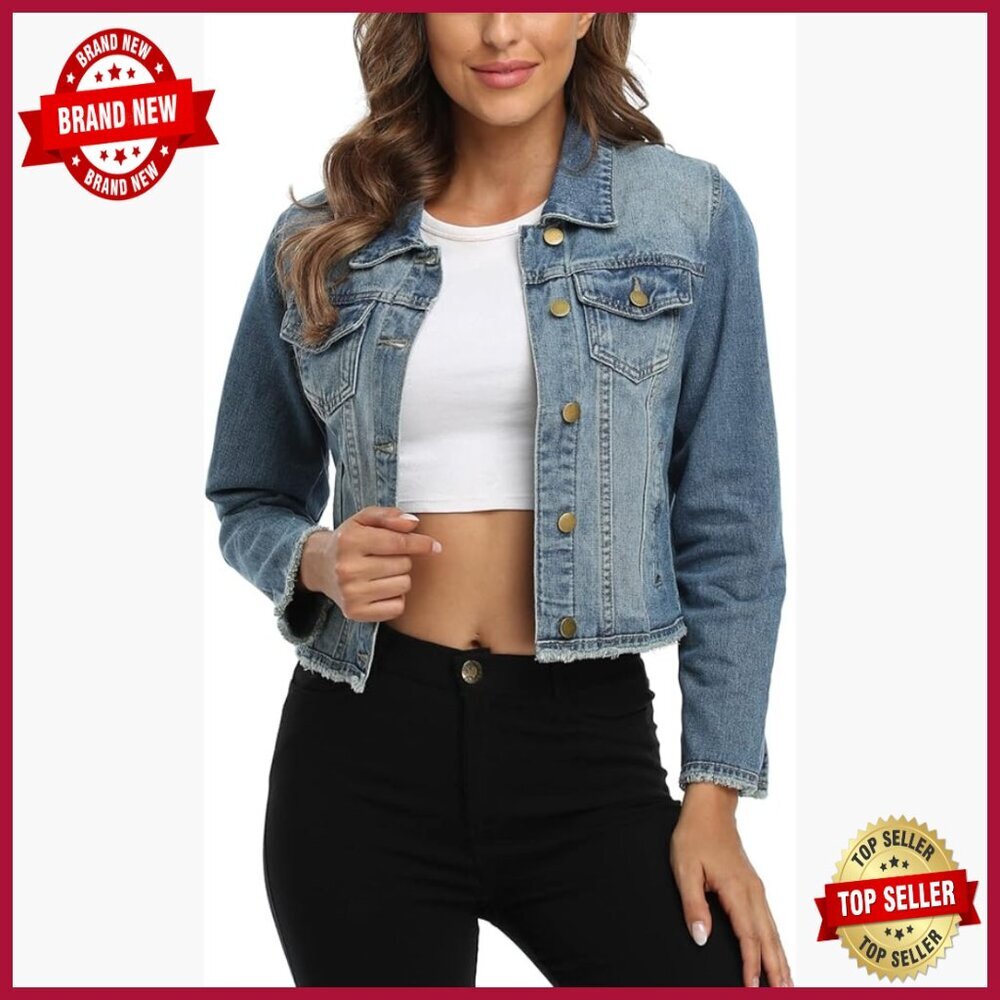 Cropped Denim Jacket with Frayed Details, Button Front, Side Pockets